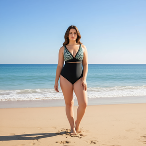 Costume da bagno intero HDJ Plus Size con scollo a V profondo, controllo della pancia, vita alta, stampa a pois, nero BZ77097 - Product Image 3