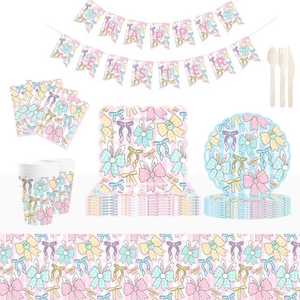 DAMAI - Vajilla de Papel para Fiesta de Pascua, Platos, Vasos, Servilletas, Lazo Rosa y Diseño Floral Primaveral, para 8 Personas - Product Image 3