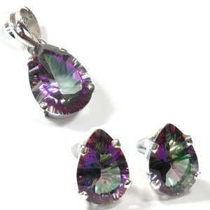 925 Sterling Silver Mystic Topaz Jewelry Set Teardrop Pendant Stud Earrings Multicolor Gemstone Bezel Setting Jewelry Sets - Product Image 1