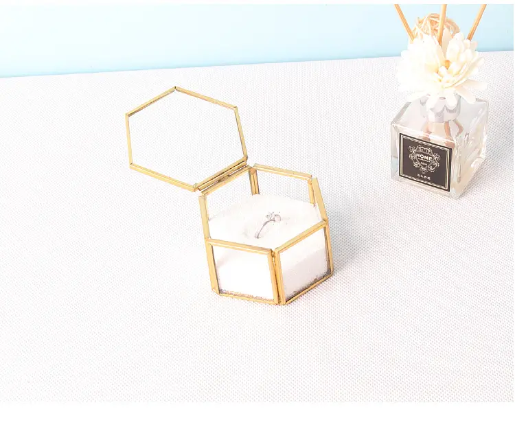 Embalagem geométrica luxo joias seis lados caixa de armazenamento de joias de cobre mini caixa de joias de vidro