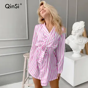 QINSI Home Stripe V Neck Robe Female Night Wear Lace Up Women's Dresses Sexy Mini Woman Pajama Casual Sleepwear 2024 Spring