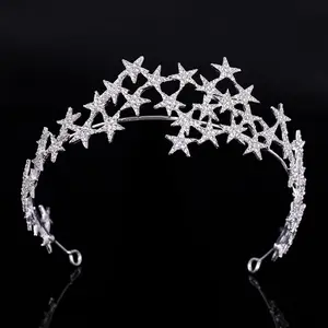 T-13 Bride Accessories Bridal Crown Silver Hair Jewelry Crystal Stars Headband Star Tiara