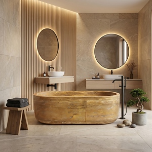 Baignoires ovales modernes sur mesure de luxe en travertin doré/jaune exclusif, autoportantes, pour salle de bain, villa, hôtel, maison - Product Image 1