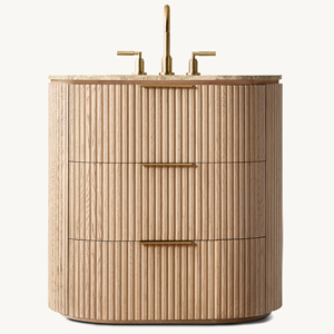 Mobile <span class=keywords><strong>Bagno</strong></span> Moderno in Rovere Americano, Comoda Toeletta Compatta a 3 Cassetti, Lussuosa Consolle in Legno Massello con Piano in Marmo, Arredamento RH. - Product Image 4