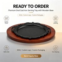 Piring Sizzler Oval Enamel Cast Iron 19/24cm dengan Alas Kayu, Motif Bunga, Aman untuk Kompor, Cocok untuk Restoran & Rumah, OEM Custom