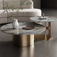 Ensemble de tables basses rondes contemporaines modernes en or pour salon, avec tables d'appoint en métal, style panneau de bois
