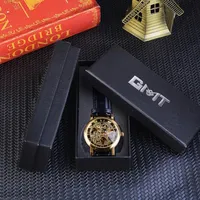 Montre mécanique Winner avec cadran transparent, design élégant, bracelet en cuir doré, aiguilles lumineuses, montre-bracelet pour homme d'affaires