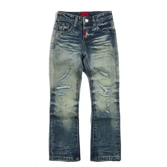 Ropa ZhuoYang, Denim índigo oscuro de alta calidad, estilo japonés, Cintura interior ajustable rasgada, desgastado para niño Jean/hombre