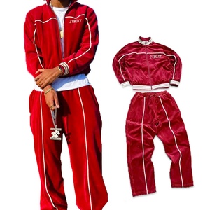 Vêtements sur mesure, vestes en velours rouge à fermeture éclair, ensemble de jogging pour hommes, vêtements de rue, survêtements en velours de haute qualité, deux pièces - Product Image 1