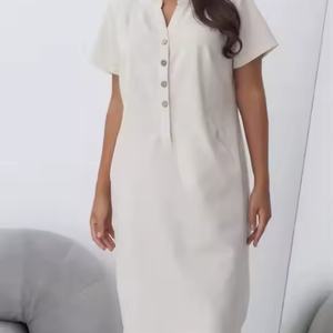 Vestido Midi Informal para Mujer, Nuevo Modelo 2025, Algodón y Lino, Diseño Sólido con Parches, Color Beige, Botones, Venta al Por Mayor, Manga Corta, Estilo Tejido - Product Image 3