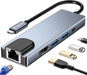 Base de Conexión USB C 5 en 1 con Ethernet RJ45, HDMI 4K, VGA, Carga PD de 100W, Cable de Iluminación y <span class=keywords><strong>Adaptador</strong></span> <span class=keywords><strong>Multipuerto</strong></span> USB 3.0 - Product Image 1