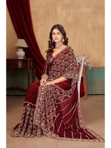 Sari ethnique exclusif en satin Fandy lourd avec broderie de perles complexes, chemisier de créateur, idéal pour célébrations de mariage de luxe - Product Image 6