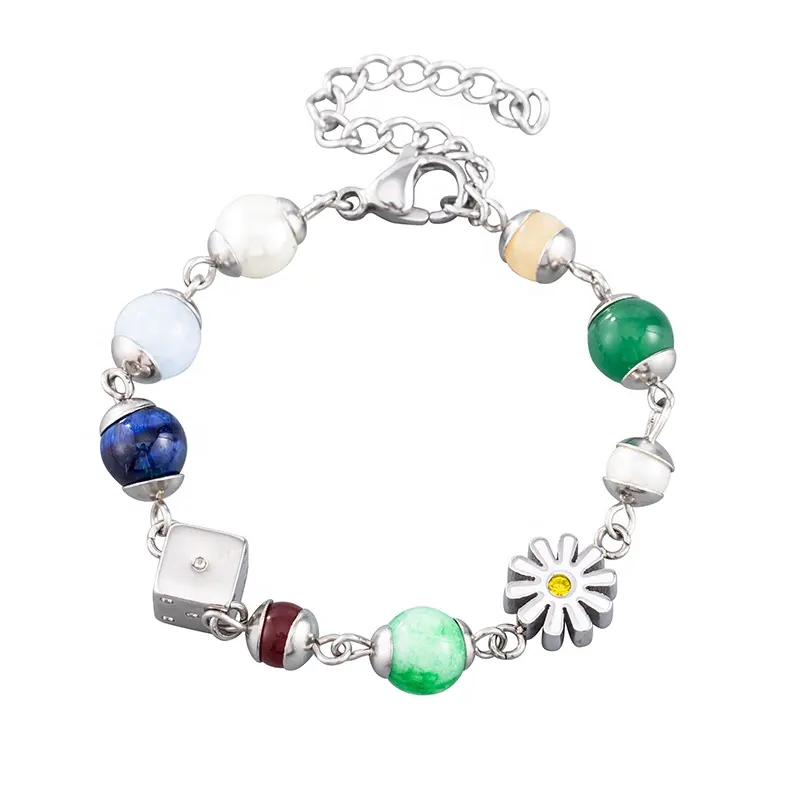 Romantique Mode Couples En Acier Inoxydable Coloré Perles Dés Marguerite Bracelets Pour Le Cadeau D'anniversaire