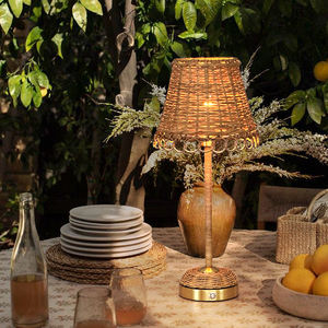 <strong>Bamboo</strong> Rechargeable Table <strong>Lamp</strong> Woven Rattan <strong>Shade</strong> Iron Base Eco Natural Coastal Farmhouse Living Room Hotel LED Table <strong>Lamp</strong> - Product Image 1