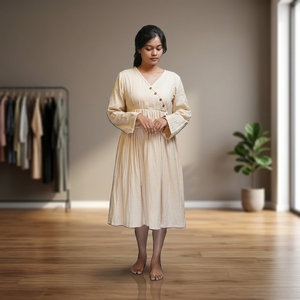 Robe de maternité asymétrique en coton biologique doux à boutons, manches longues, style cache-cœur, pour allaitement, taille empire, vêtement de grossesse décontracté, longueur midi - Product Image 3