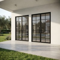 Puerta Moderna de Acero con Marco de Hierro Negro Delgado, Doble Vidrio Templado, Estilo Francés, para Interiores y Exteriores