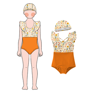 Venta al por mayor de trajes de baño de 2 piezas de tela de verano personalizados para niños niñas traje de baño de una pieza <span class=keywords><strong>y</strong></span> gorro de baño conjunto combinado para niños natación - Product Image 5