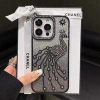 Coque pour iPhone 17 Pro Max Air 17 Pro 16 15 14 Plus 13 11 12 avec cadre plaqué paon, autocollants pailletés et strass