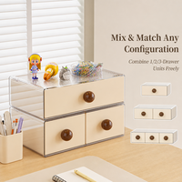 Organisateur de bureau à 2 tiroirs en PET HIPS transparent, boîte de rangement empilable à double section, dessus côtelé, poignée boule crème, boîte OEM
