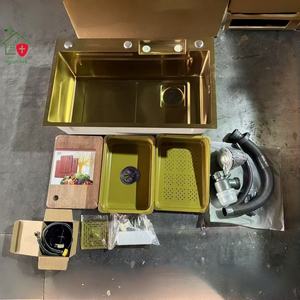 Ensemble d'évier de cuisine intelligent moderne avec robinet cascade, affichage numérique LED, en acier inoxydable 304, installation sous plan, cuve unique - Product Image 1