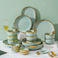 Ensemble de vaisselle en porcelaine vert clair de style rétro pour 4 utilisateurs, assiette à dessert et salade, bols et cuillères, ensemble de vaisselle en céramique