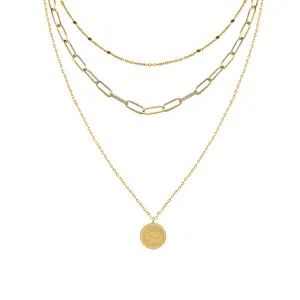 Массивное металлическое многослойное ожерелье в стиле панк золотого цвета с круглым кулоном в виде монеты для женщин