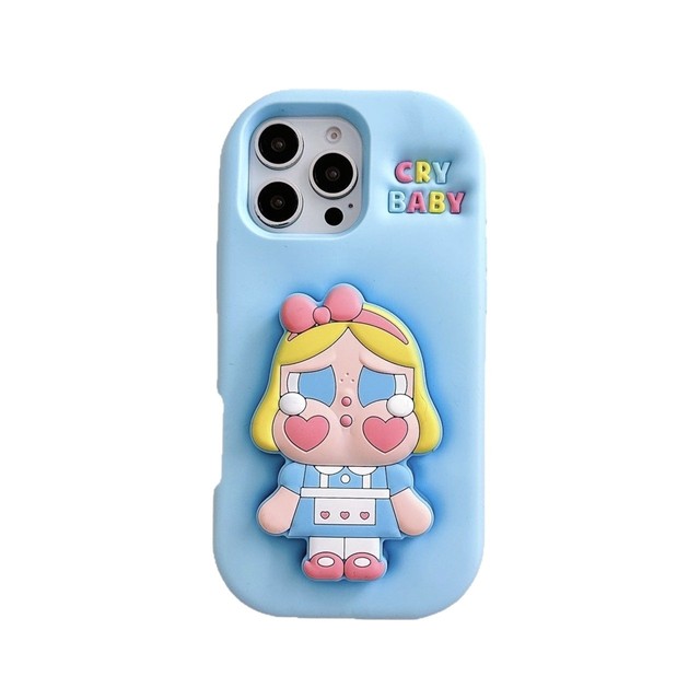 Cute Cartoon Silicone Shockproof Mobile Phone Case for 11/13/14/15/16 Pro/17 Pro Max 3D Cartoon Stand Phone Grip (2-in-1)
