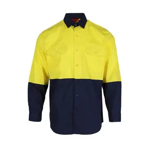 Wholesale Price Construction Safety Shirt 100% Cotton Two Tones Long Sleeved Shirt Hi Vis Workwear With Reflective Tapes