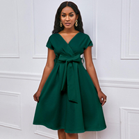 Robe de cérémonie à col en V, couleur unie, avec nœud à la taille et lacets, robe pour femme de haute qualité