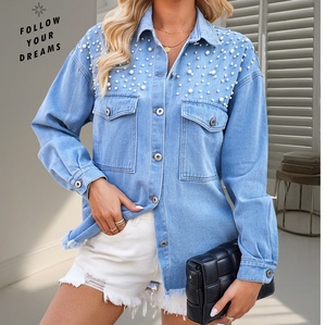 <span class=keywords><strong>Camicia</strong></span> in Denim lavato <span class=keywords><strong>oversize</strong></span> Casual con orlo sfilacciato con perline nuove da <span class=keywords><strong>donna</strong></span> - Product Image 3