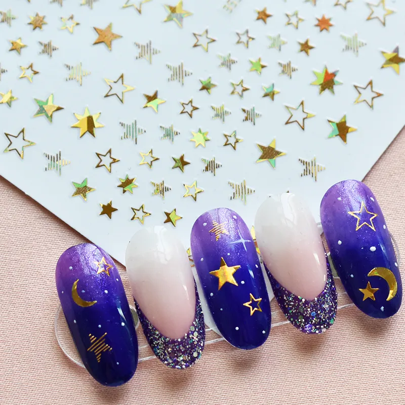 TSZS 2023 nuovo arrivo Nails Art scava fuori stelle brillanti decalcomanie decorazioni fai da te adesivi per unghie gioiosi stelle Laser decalcomania per unghie 3D