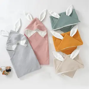 Cute Bunny Premium Quality 100% Cotton Muslin 2 layer Hooded Towel Wash Cloth Hood Ultra Soft Terry Baby Swaddle Blankets