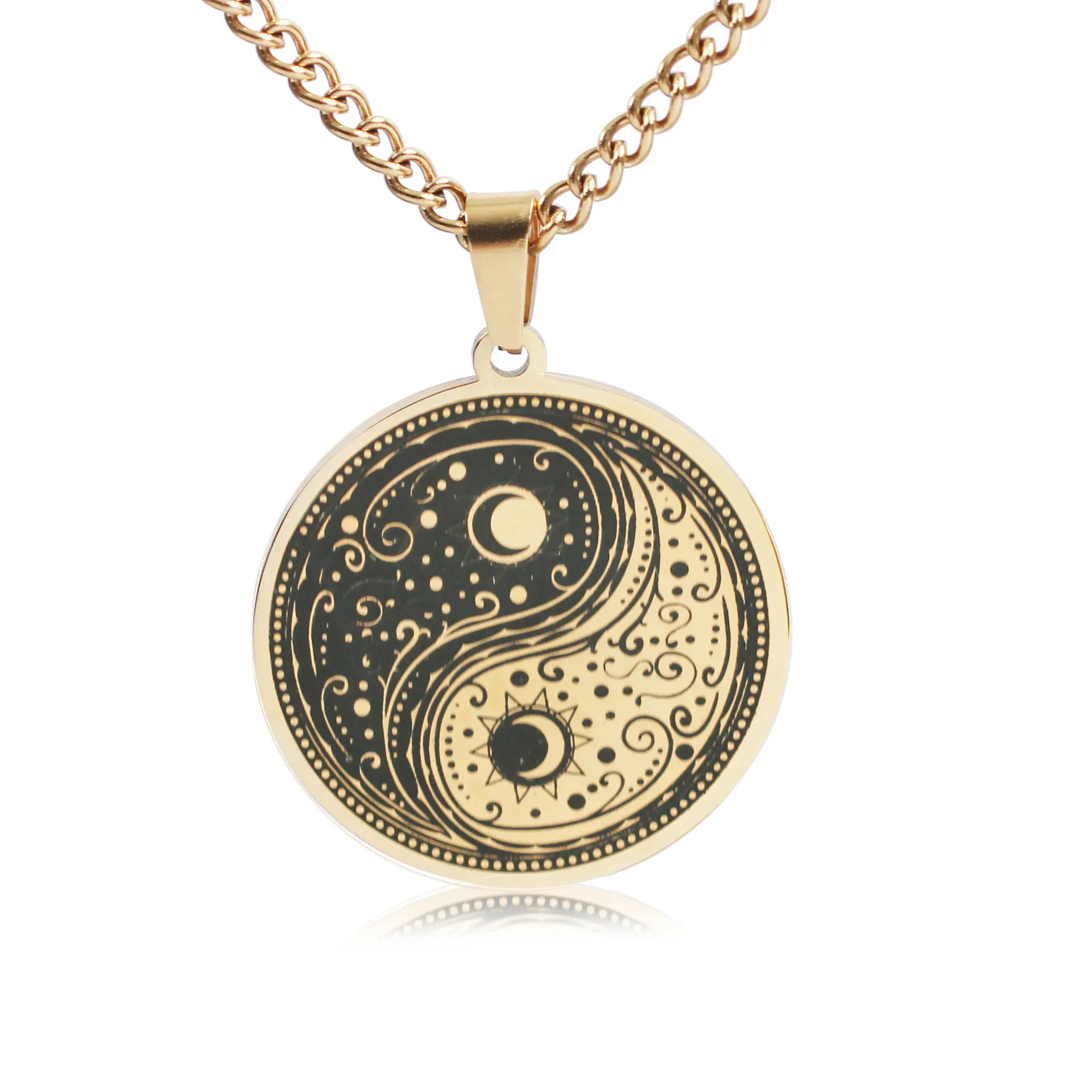 Anlaufsicher Edelstahl personalisierte Pulloverkette vergoldet Sonne Mond Chi Yin Yang Anhänger Halskette für Herren Schmuck