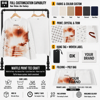 T-shirt à manches longues Custom Atelier Waffle 280gsm, imprimé abstrait rouille, manches à pois cristallins, finition ruban, style streetwear, OEM ODM