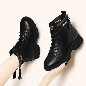 Moda PU üst bayanlar siyah yüksek topuk rahat bot ayakkabı kadın lace up sneakers