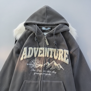 Sudadera con Capucha de Algodón Grueso para Hombre TKAN738D, Bordado de Toalla, Tela de Pana Personalizada, Talla Grande, Informal, con Cremallera - Product Image 1