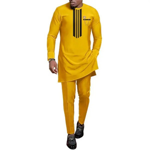 Vêtements traditionnels africains Ensemble kaftan jaune pour hommes Manches longues Tenue dashiki brodée Vêtements formels sur mesure - Product Image 1