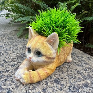 Pot de fleurs en résine en forme de chaton, jardinière décorative pour extérieur, couleur jaune et gris - Product Image 2