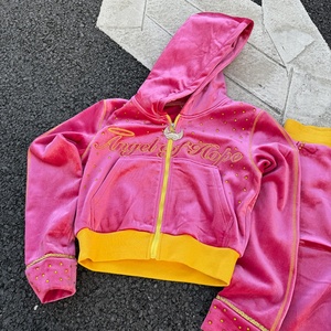 Custom <b>Zip</b> <b>up</b> <b>Crop</b> Women Velvet Hoodie and Sweat Suit Jogger Set Two Piece Embroidery Rhinestone Velvet Tracksuits for Women - Product Image 2