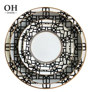 New Design Dishes Set Fine Bone China Plate Set Dinnerware Black Art Decor Dinnerware with Cup and Saucer for Event&Catering