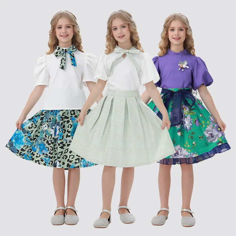 Model baru pakaian anak perempuan kaus cetak + rok gaun anak perempuan elegan 2 potong rok anak perempuan