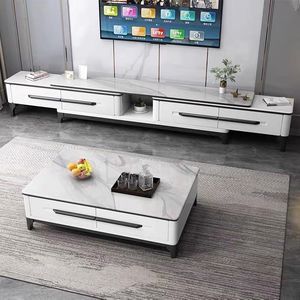 Ensemble meuble TV et table basse en pierre frittée de luxe léger pour petits salons, en bois massif moderne extensible - Product Image 3