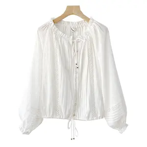 2023 New Arrival Ruffled Neck Summer Shirt Dropshipping Beach wearing Lady Top WomenPuff Sleeve White Cotton Vacation Blouses