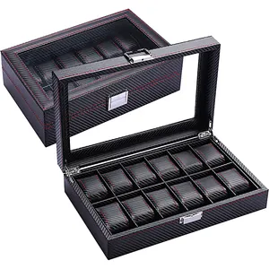 Carbon fiber watch box 12 slots with wood shell glass top display flexible watch pillows for man women watches storage