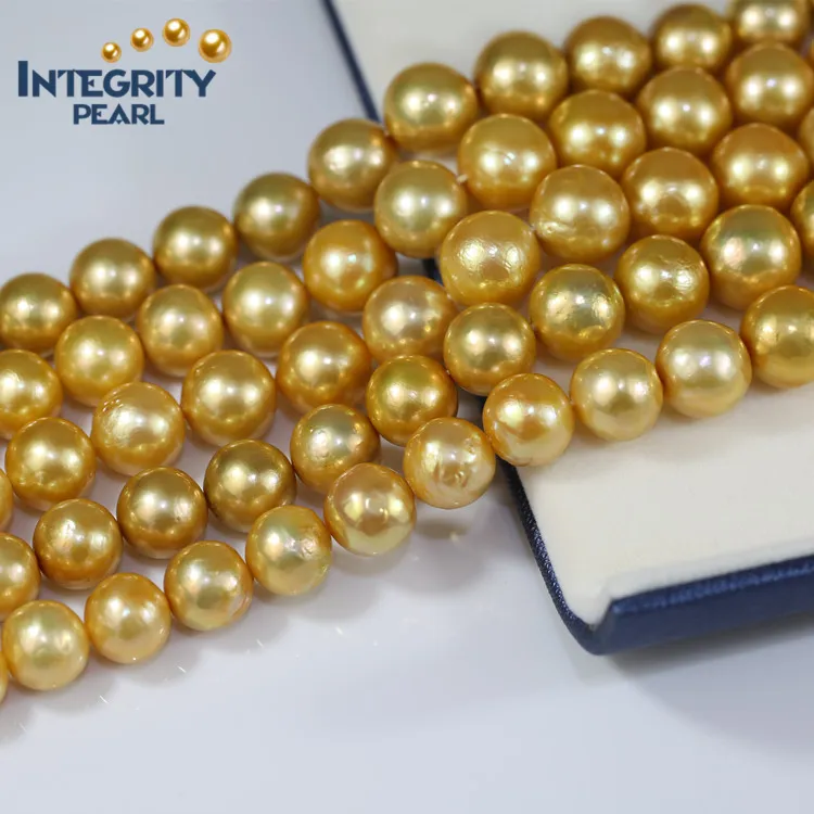 11-13mm di grandi dimensioni tinto colore dorato naturale sciolto forma rotonda filo di perle perle d'acqua dolce