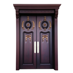 Puerta Doble de Entrada de Madera Sólida Contemporánea con Adornos Dorados y Diseño Antirrobo, Superficie Acabada para Uso Exterior - Product Image 1