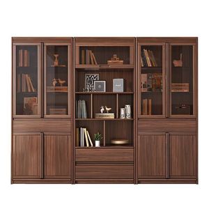 <b>Solid</b> <b>Wood</b> Bookshelf Walnut Color Glass Door Display Cabinet Home Office Study Room Storage Furniture - Product Image 5