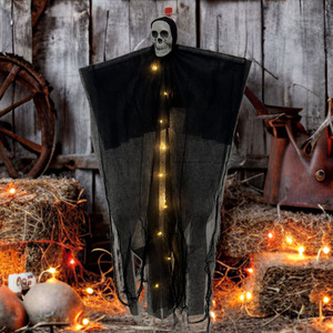 Decoración de fantasma colgante de Halloween con luz LED, accesorio de fantasma con calavera, tela desgastada para decoración de jardín, patio, fiesta o escena. - Product Image 5