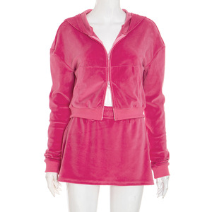 Nuova giacca corta e minigonna <span class=keywords><strong>in</strong></span> <span class=keywords><strong>velluto</strong></span> con 2 pezzi da <span class=keywords><strong>donna</strong></span> con cappuccio con tasca Zip e minigonna abbinati a due pezzi Casual - Product Image 2