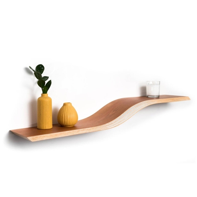 Wall Hidden Mounted Walnut Hanging Rack Geometric Floating Wall Shelf Curved Wooden Bracketless Wavy Bookshelf